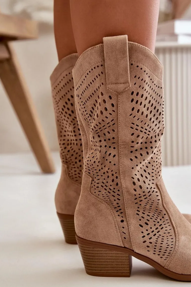 Ażurowe Damskie Botki Kowbojki Na Obcasie Brązowe Iceda