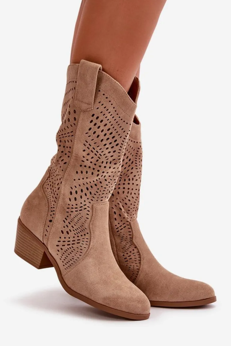 Ażurowe Damskie Botki Kowbojki Na Obcasie Brązowe Iceda