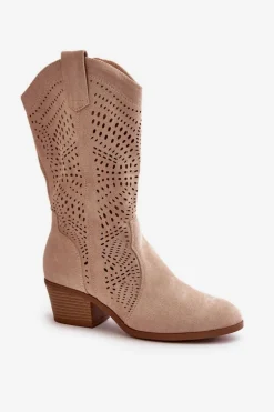 Ażurowe Damskie Botki Kowbojki Na Obcasie Beżowe Iceda