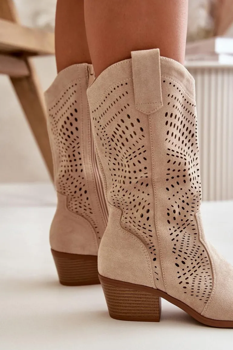 Ażurowe Damskie Botki Kowbojki Na Obcasie Beżowe Iceda