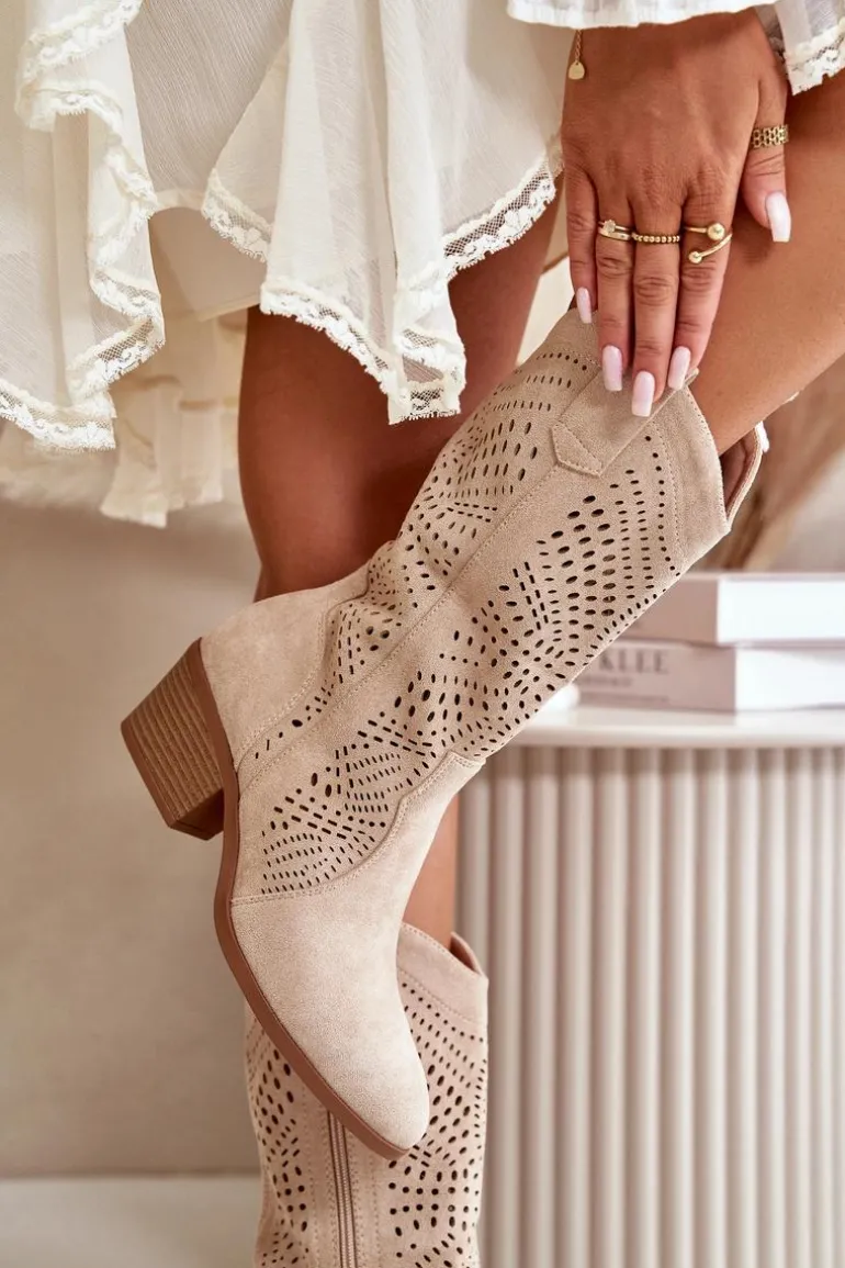Ażurowe Damskie Botki Kowbojki Na Obcasie Beżowe Iceda