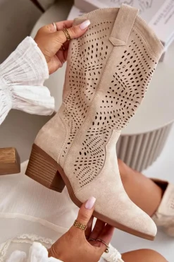 Ażurowe Damskie Botki Kowbojki Na Obcasie Beżowe Iceda