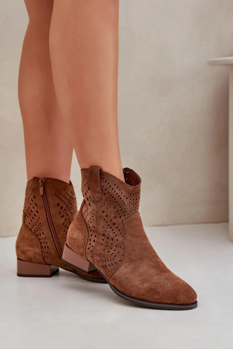 Ażurowe Damskie Botki Na Niskim Obcasie Brązowe Neliawen