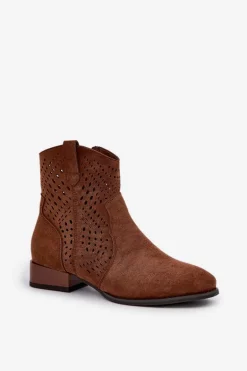 Ażurowe Damskie Botki Na Niskim Obcasie Brązowe Neliawen