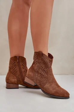 Ażurowe Damskie Botki Na Niskim Obcasie Brązowe Neliawen