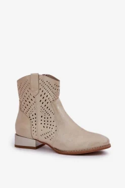 Ażurowe Damskie Botki Na Niskim Obcasie Złote Neliawen