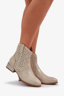 Ażurowe Damskie Botki Na Niskim Obcasie Złote Neliawen