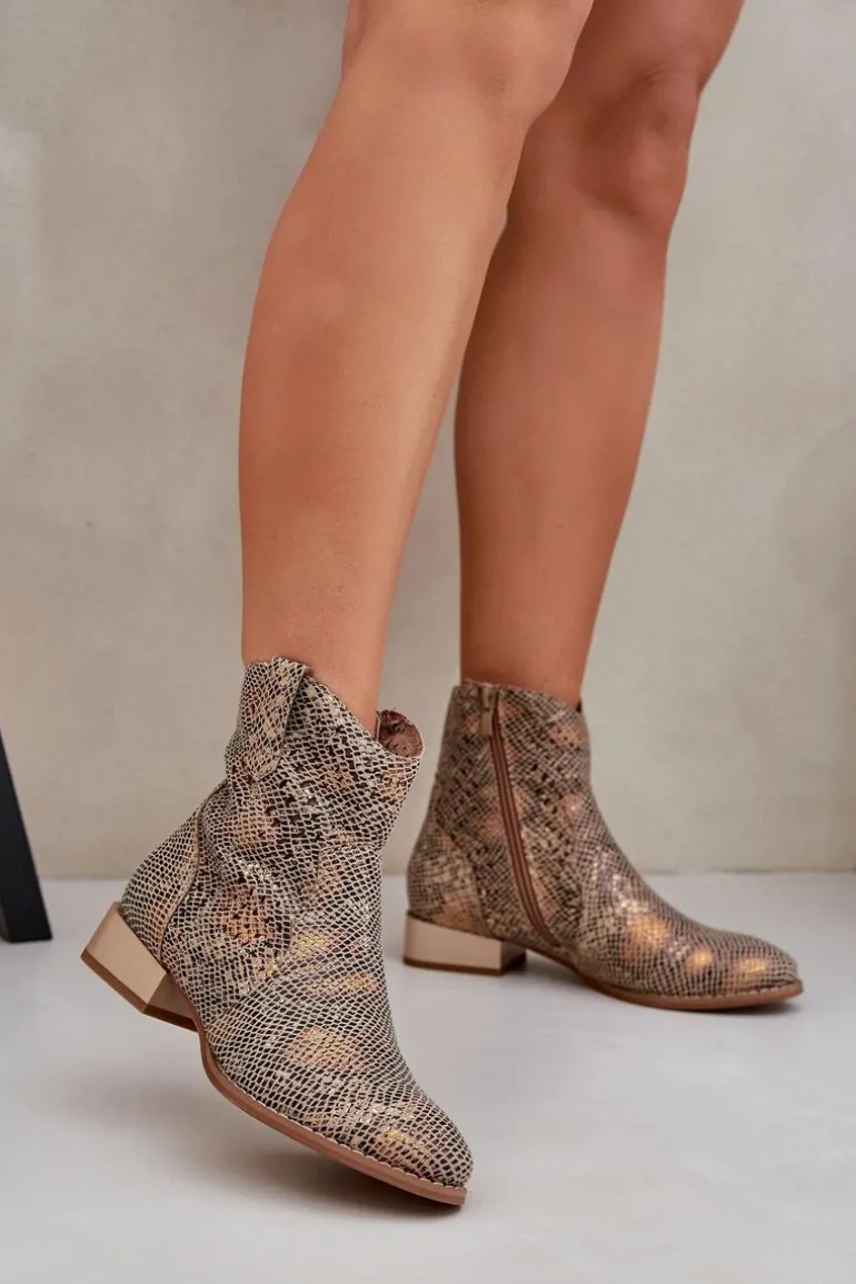 Ażurowe Damskie Botki Na Niskim Obcasie Ozdobione Zwierzęcym Wzorem Złote Neliawen