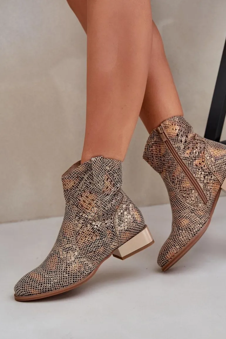 Ażurowe Damskie Botki Na Niskim Obcasie Ozdobione Zwierzęcym Wzorem Złote Neliawen