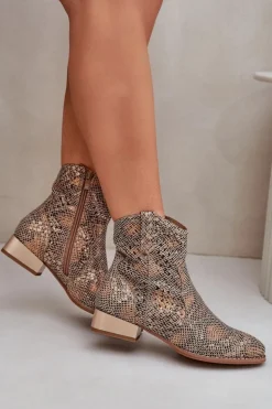 Ażurowe Damskie Botki Na Niskim Obcasie Ozdobione Zwierzęcym Wzorem Złote Neliawen