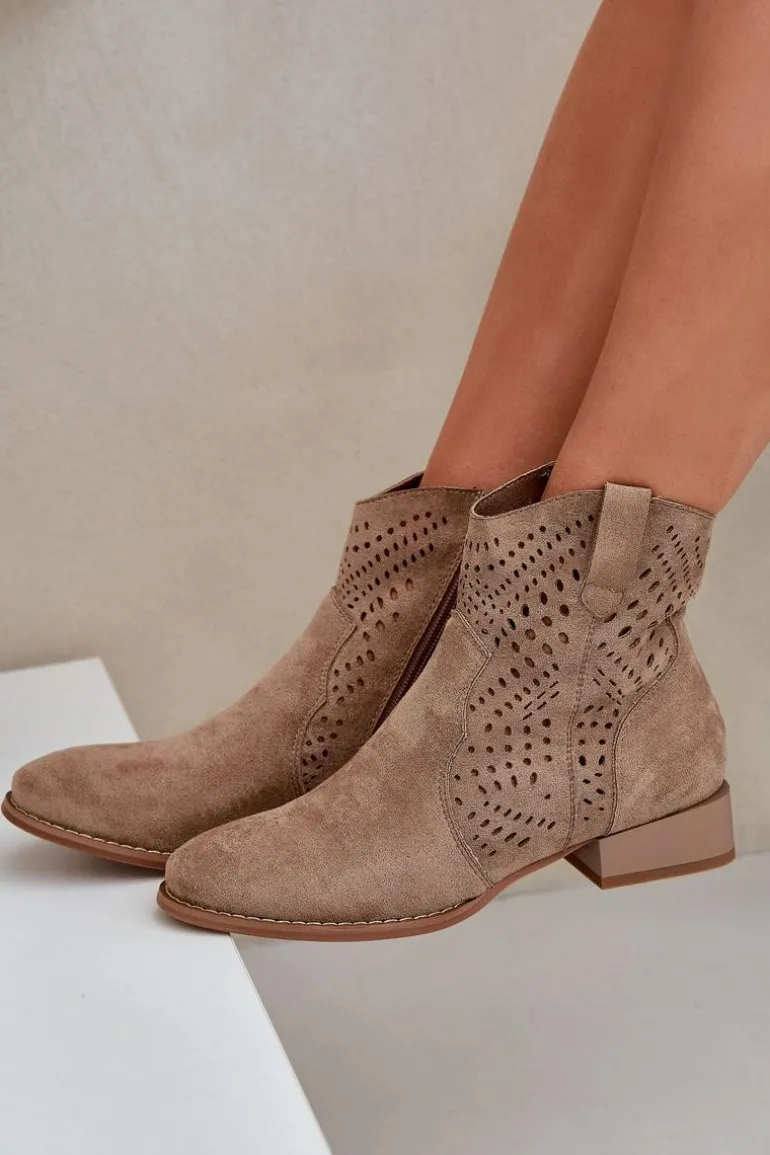 Ażurowe Damskie Botki Na Niskim Obcasie Beżowe Neliawen