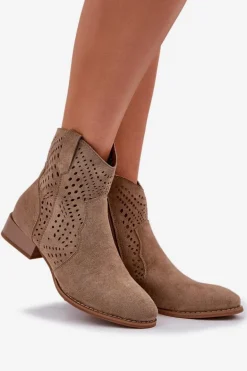 Ażurowe Damskie Botki Na Niskim Obcasie Beżowe Neliawen