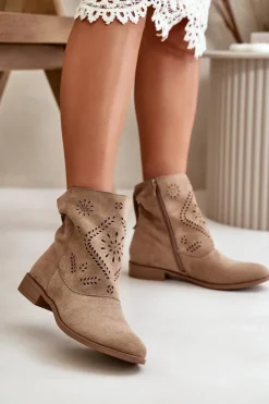 Ażurowe Damskie Niskie Botki Zapinane Na Zamek Beżowe Irinette