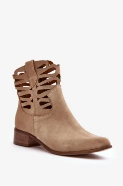 Ażurowe Damskie Skórzane Botki Beżowe Lewski 3329