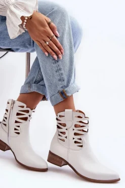 Ażurowe Damskie Skórzane Botki Białe Lewski 3329