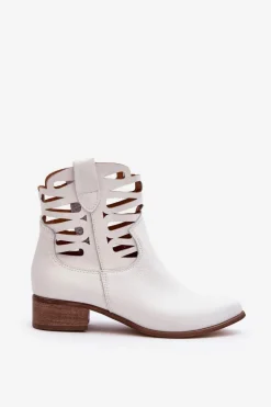 Ażurowe Damskie Skórzane Botki Białe Lewski 3329