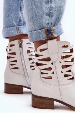 Ażurowe Damskie Skórzane Botki Białe Lewski 3329