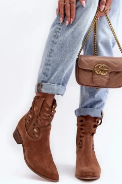 Ażurowe Damskie Skórzane Botki Brązowe Lewski 3329