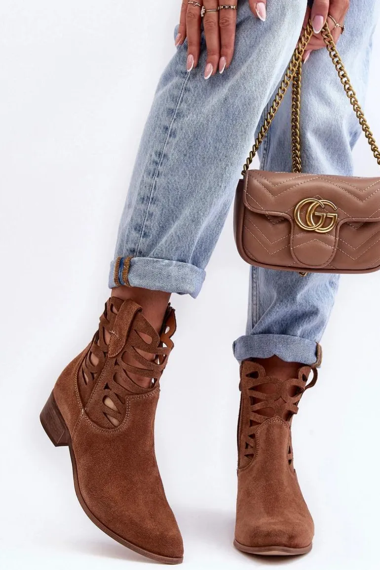 Ażurowe Damskie Skórzane Botki Brązowe Lewski 3329