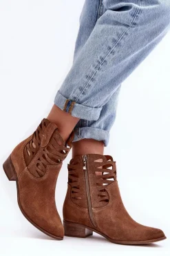 Ażurowe Damskie Skórzane Botki Brązowe Lewski 3329