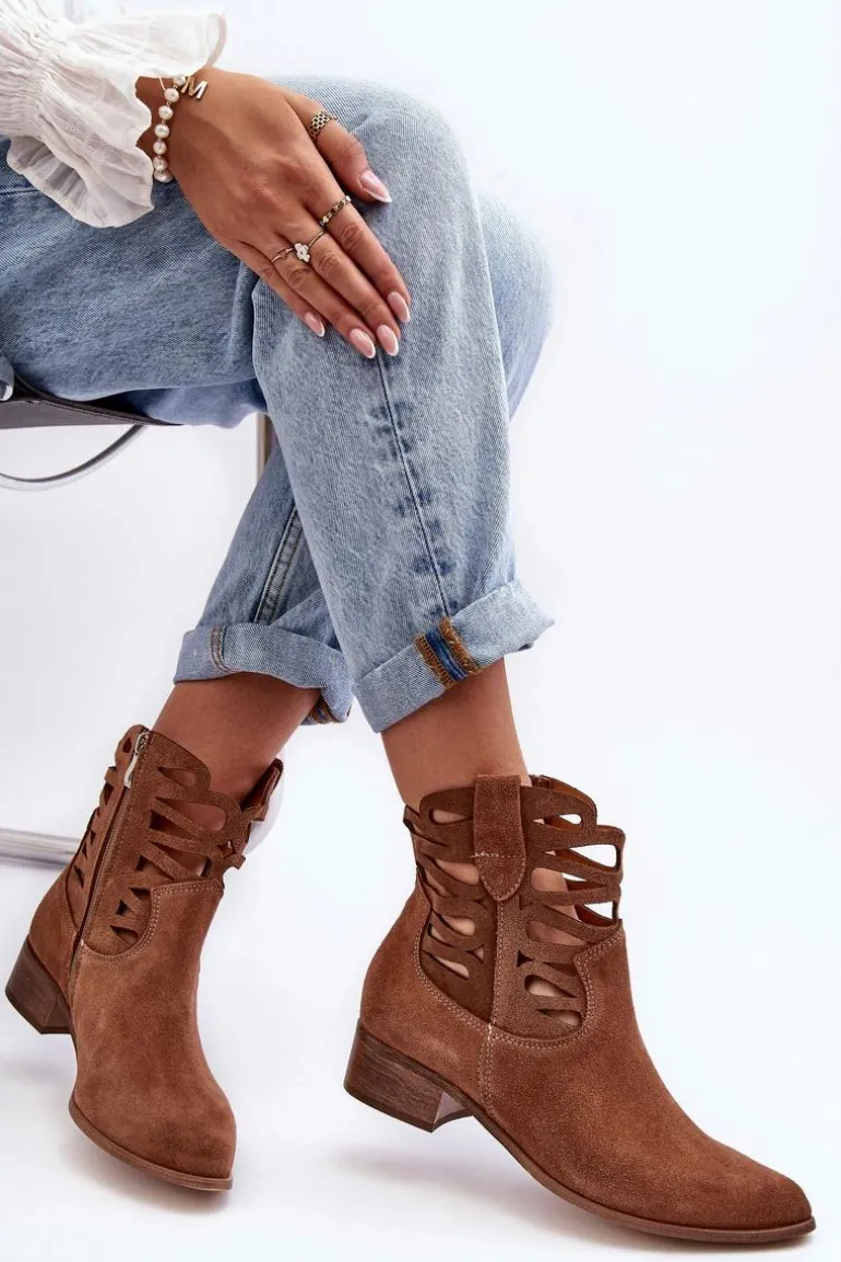 Ażurowe Damskie Skórzane Botki Brązowe Lewski 3329