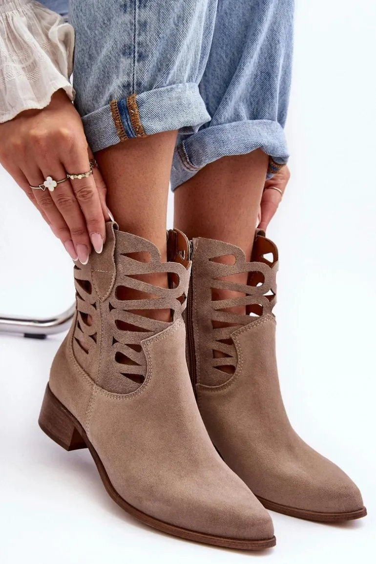 Ażurowe Damskie Skórzane Botki Ciemnobeżowe Lewski 3329