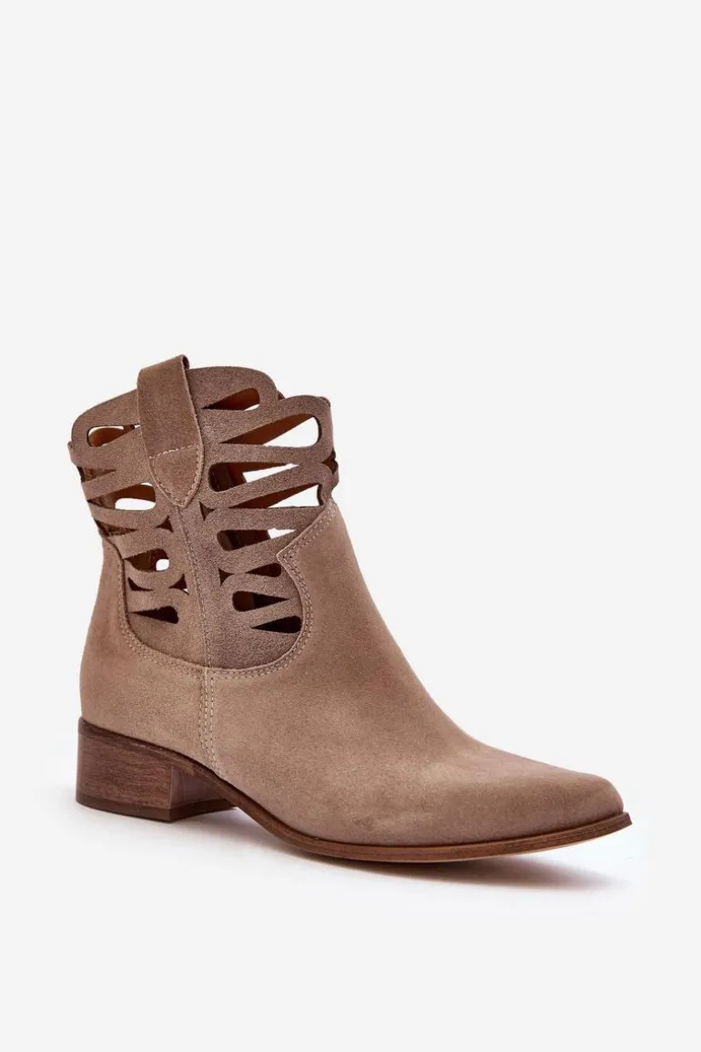 Ażurowe Damskie Skórzane Botki Ciemnobeżowe Lewski 3329