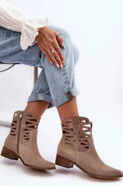 Ażurowe Damskie Skórzane Botki Ciemnobeżowe Lewski 3329