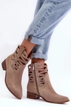 Ażurowe Damskie Skórzane Botki Ciemnobeżowe Lewski 3329
