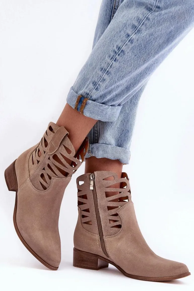 Ażurowe Damskie Skórzane Botki Ciemnobeżowe Lewski 3329