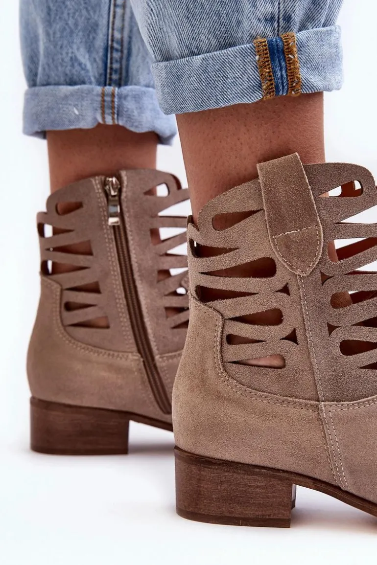 Ażurowe Damskie Skórzane Botki Ciemnobeżowe Lewski 3329