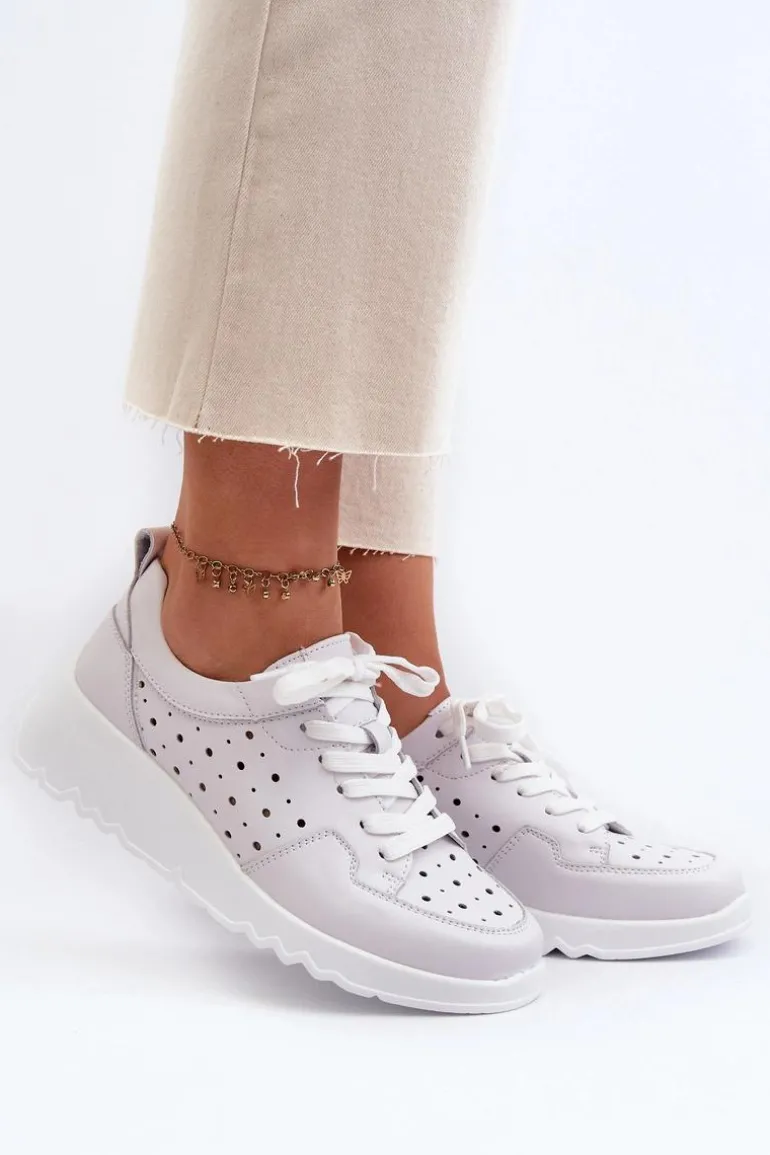 Ażurowe Damskie Sneakersy Na Koturnie Skóra Naturalna Jasnoszare S.Barski LR482