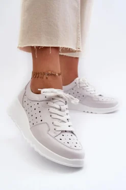 Ażurowe Damskie Sneakersy Na Koturnie Skóra Naturalna Jasnoszare S.Barski LR482
