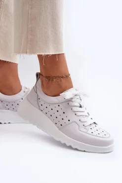 Ażurowe Damskie Sneakersy Na Koturnie Skóra Naturalna Jasnoszare S.Barski LR482