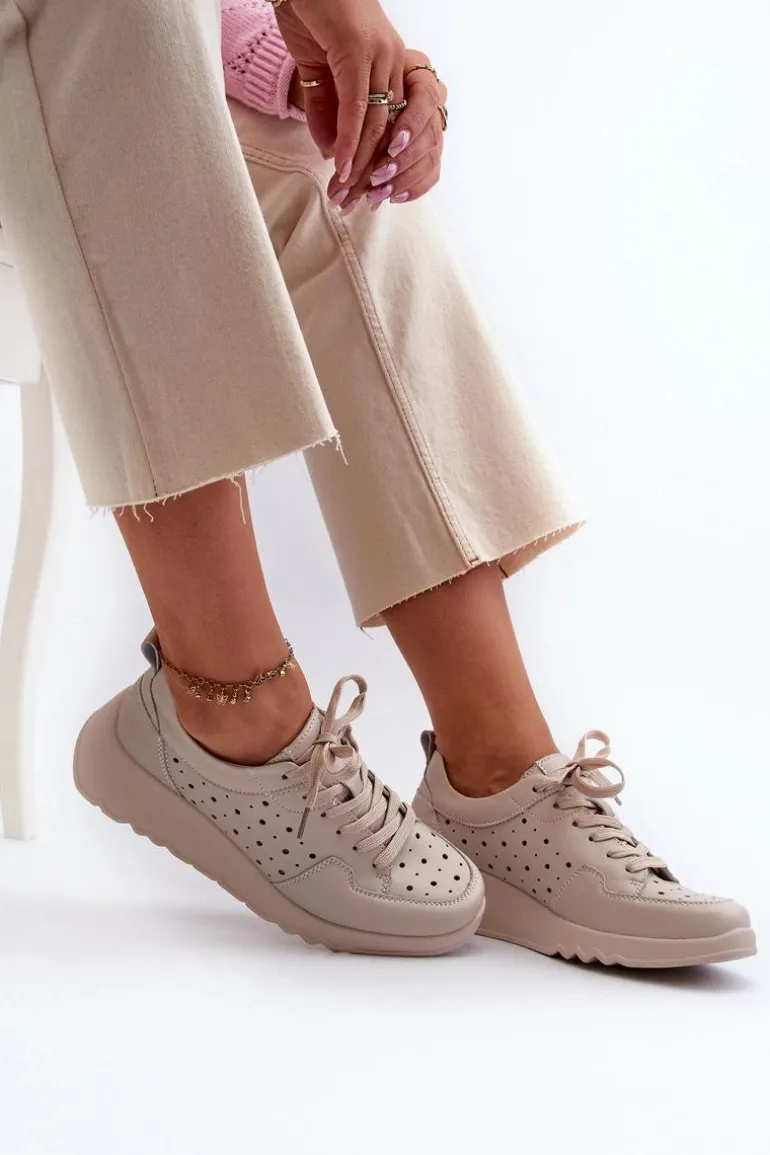 Ażurowe Damskie Sneakersy Na Koturnie Skóra Naturalna Beżowe S.Barski LR482