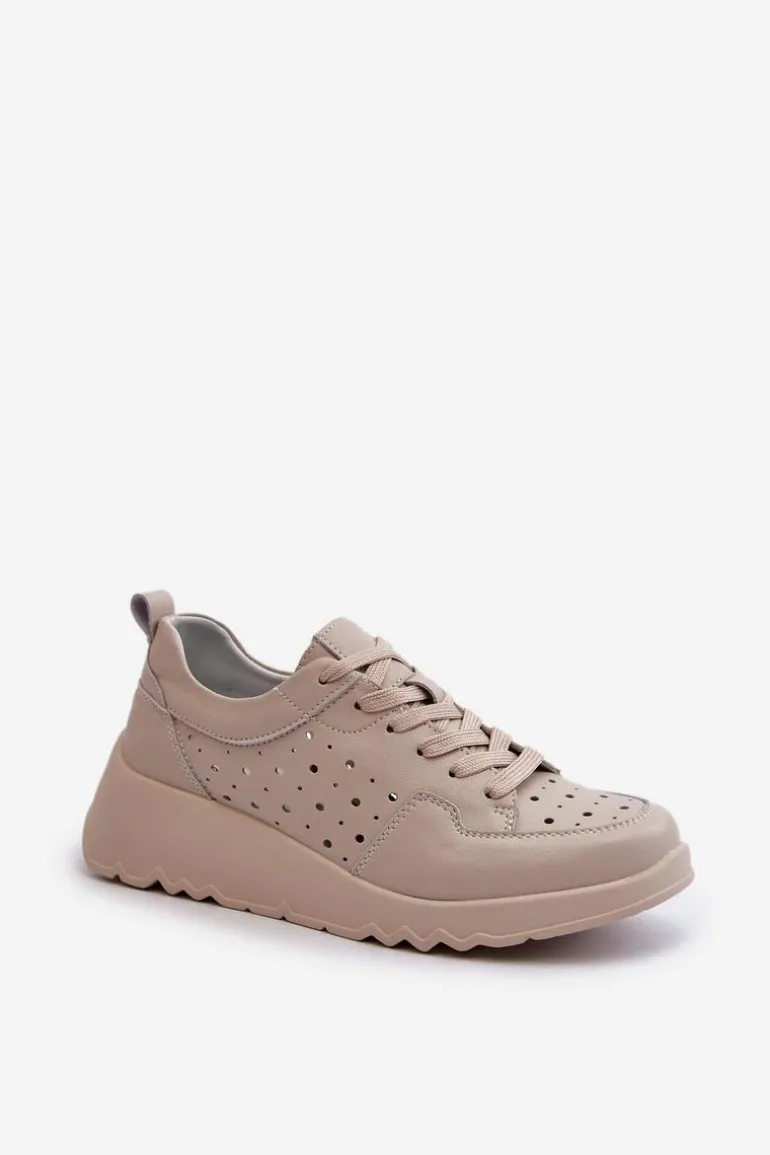 Ażurowe Damskie Sneakersy Na Koturnie Skóra Naturalna Beżowe S.Barski LR482