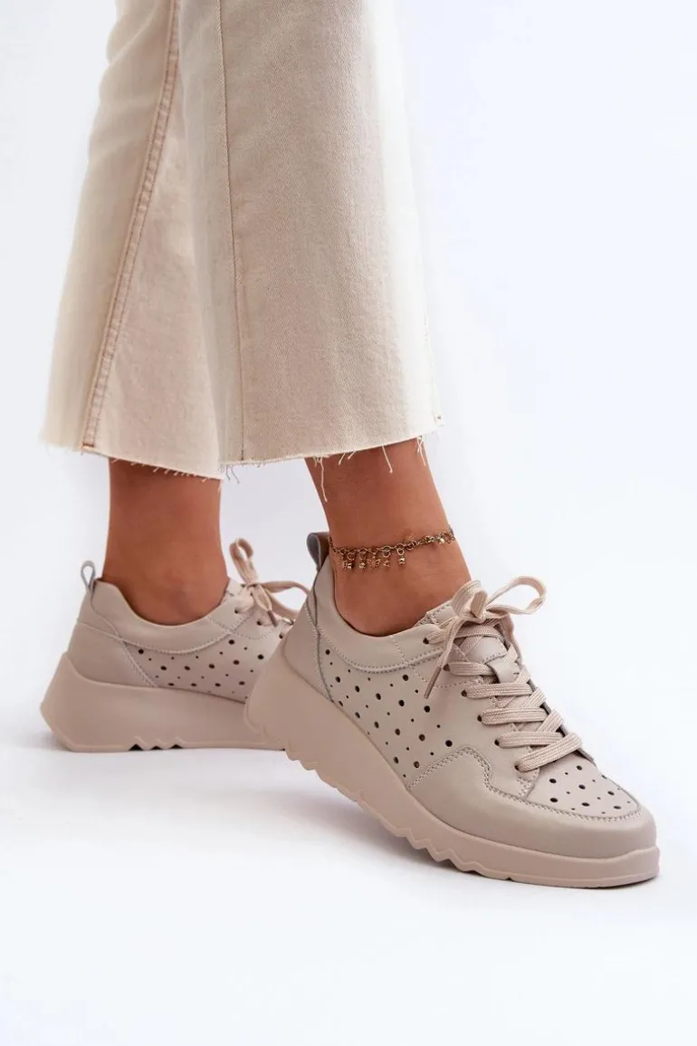 Ażurowe Damskie Sneakersy Na Koturnie Skóra Naturalna Beżowe S.Barski LR482