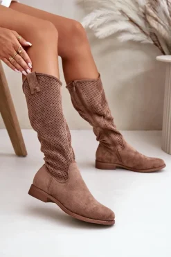 Ażurowe Kozaki Damskie Brązowe S.Barski HY42-139