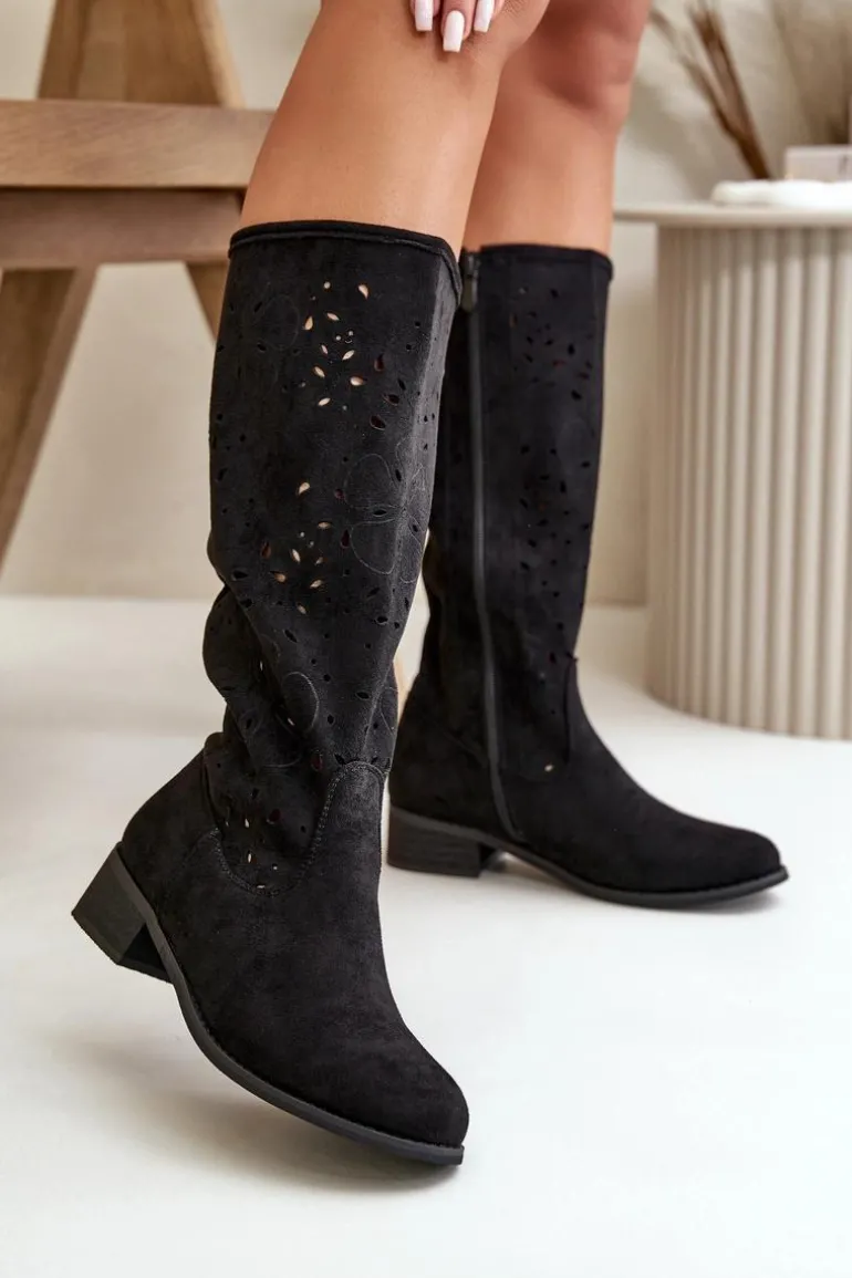 Ażurowe Kozaki Damskie Na Niskim Obcasie Eko Zamszowe Zapinane Na Zamek Czarne Orchides