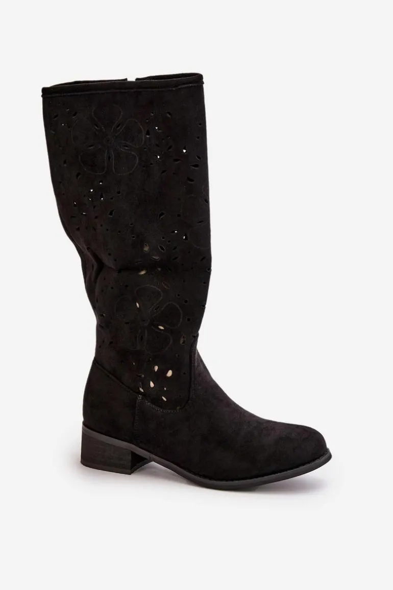 Ażurowe Kozaki Damskie Na Niskim Obcasie Eko Zamszowe Zapinane Na Zamek Czarne Orchides
