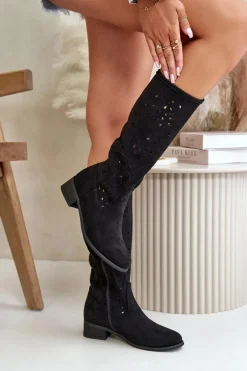 Ażurowe Kozaki Damskie Na Niskim Obcasie Eko Zamszowe Zapinane Na Zamek Czarne Orchides