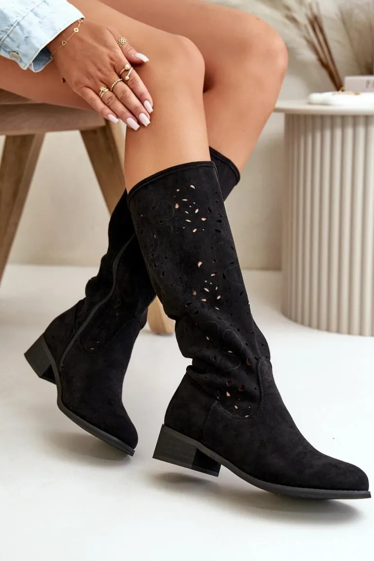 Ażurowe Kozaki Damskie Na Niskim Obcasie Eko Zamszowe Zapinane Na Zamek Czarne Orchides
