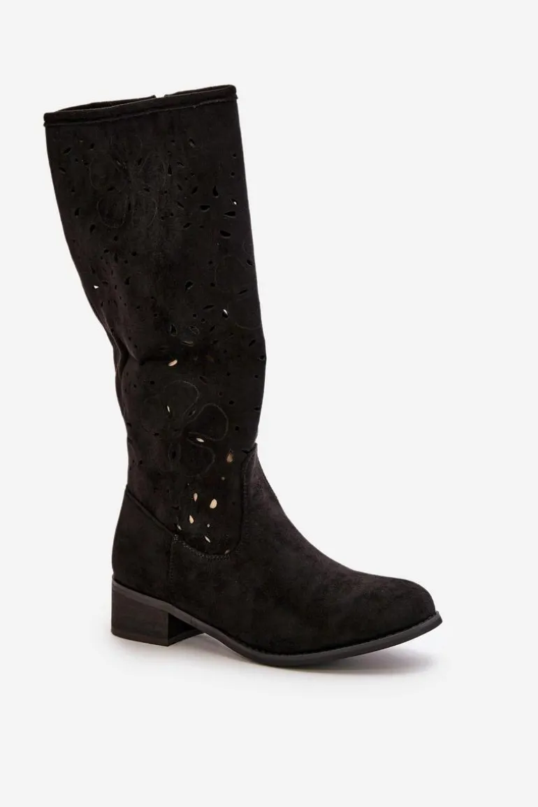 Ażurowe Kozaki Damskie Na Niskim Obcasie Eko Zamszowe Zapinane Na Zamek Czarne Orchides