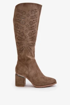 Ażurowe Kozaki Damskie Na Słupku Z Eko Zamszu Vinceza 16443 Ciemnobeżowe