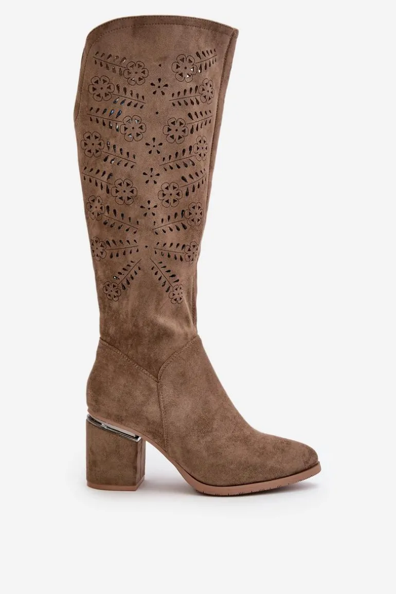 Ażurowe Kozaki Damskie Na Słupku Z Eko Zamszu Vinceza 16443 Ciemnobeżowe