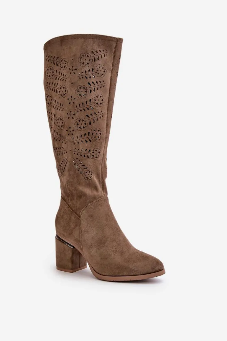 Ażurowe Kozaki Damskie Na Słupku Z Eko Zamszu Vinceza 16443 Ciemnobeżowe