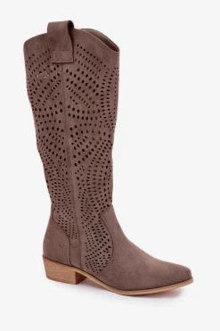 Ażurowe Kozaki Damskie Na Klocku Przed Kolano Ciemnobeżowe Fioris