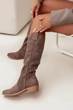 Ażurowe Kozaki Damskie Na Klocku Przed Kolano Ciemnobeżowe Fioris