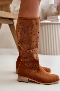 Ażurowe Kozaki Damskie Na Niskim Obcasie Eko Zamszowe Zapinane Na Zamek Camel Orchides
