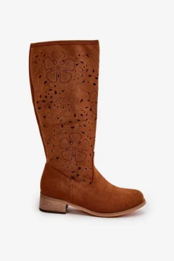 Ażurowe Kozaki Damskie Na Niskim Obcasie Eko Zamszowe Zapinane Na Zamek Camel Orchides